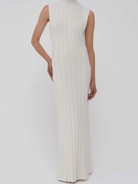 Sleeveless Cream Ribbed Maxi Dress with High Neck
